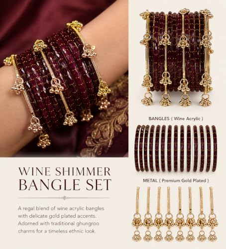 Image of JPS 16 Pcs Trendy Stylish Glass & Kashmiri Ghungroo Bangles Set for Women & Girls | Gold-Plated Traditional Festive Wedding Party Jewellery Chudi Set (12 Glass + 4 Metal)