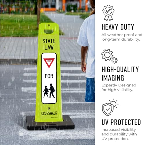 yield for pedestrians crosswalk sign for school zone and street crossing panel sign kit double sided 3m engineer grade reflective 20 lbs black portable rubber base impact resistant plastic frame