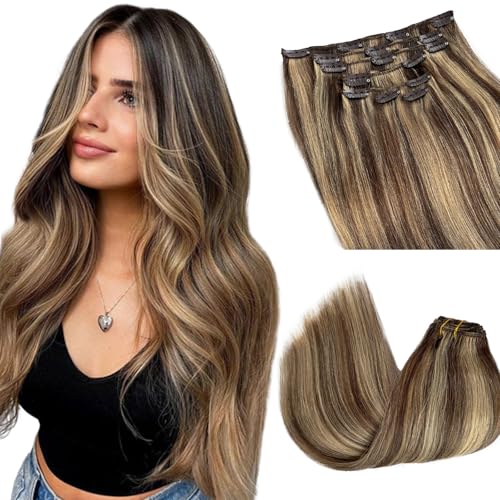 Balayage Human Hair Extensions - Clip in, Medium Brown to Caramel Blonde, 22 Inch, 7 Pieces, Remy Human Hair, Clip ins, Long Brown with Blonde Highlights