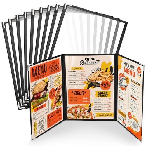 WenYa Fundas de menú A5 (paquete de 10), 3 páginas y 6 vistas (triple pliegue), soportes para menús estilo cafetería, borde negro, cubierta transparente para menú de vino con protectores de esquina de