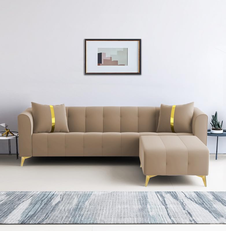Image of Adorn India Premium Mystic - 3 Years Warranty - L Shape 5 Seater Sofa Set Velvet Suede Fabric - Beige