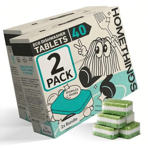 Homethings, 80 Dishwasher Tablets, Highly Effective 3-in-1 Cleaning, No Toxic Chemicals, Vegan & Cruelty-Free, No Animal Testing, Made in EU (2 Pack)