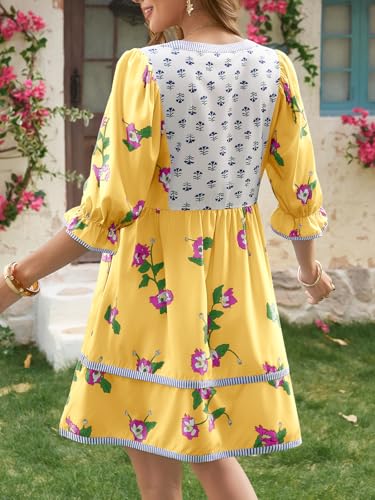 Image of Wenrine Womens Casual Floral Mini Dress Summer Patchwork Boho Shirt Dresses