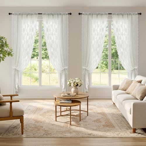 Image of MIULEE Vintage Lace Curtains 96 Inches Long 2 Panels, Victorian Decorative Floral Scalloped Semi Sheer Curtains Pretty Light Filtering Rod Pocket Panels for Bedroom Living Room, 52 inch W x 96 inch L, White