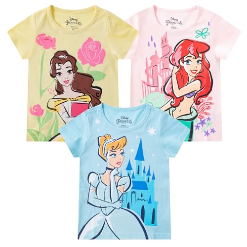 Disney Princess Ariel, Cinderella, Belle, Girls 3 Piece Short Sleeve T-Shirt for Toddler and Big Kids