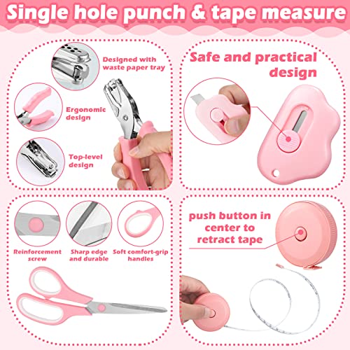 10 Piece Pink Desk Accessory Kit Includes Stapler With Staples Tape Dispenser Staple Remover Single Hole Punch Paper Clips Scissors Tape Measure Small Telescopic Knife Cute Office Desk Accessories #TOP4