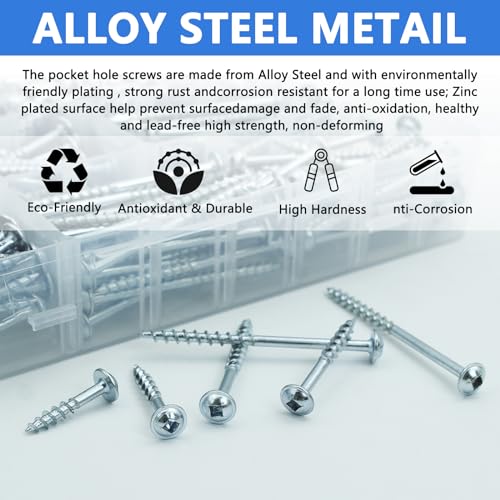 Image of 350 PCS Pocket Hole Screws Assortment Kit, 5 Sizes #8 x 1, 1-1 /4 inch, 1-1 /2 inch, 2 inch, 2-1 /2 inch,Square Drive Self Tapping Coarse Thread Wood Screws Set, Zinc Coated, Drive Bit Included Suitable for Indoor