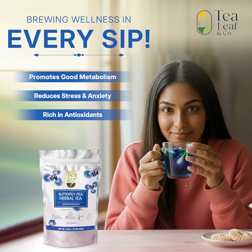 Image of Tealeaf & Co. Butterfly Pea Herbal Tea Bags Blended with Fresh Herbs - Herbal Tea with Butterfly Pea Flower - Contains Low Caffeine - Gluten Free - 50Teabags (3.52oz /100gm)