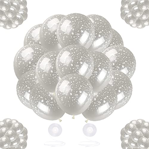 Gadeja 50pcs 12inch Clear Star Printing Balloons, White Star Printing Balloons, Clear Stars Romantic Pearl Printing Balloons, Man/Women Wedding Decoration/ Birthday Party Supplies/ Kids Party Decor
