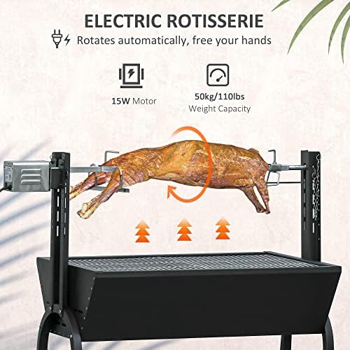 Outsunny Charcoal BBQ Rotisserie Grill Roaster 50kg Bearing Electric Roast Machine Height Adjustable Automatic Lamb Hog Spit Roaster with Wheels for Outdoor Picnic Camping