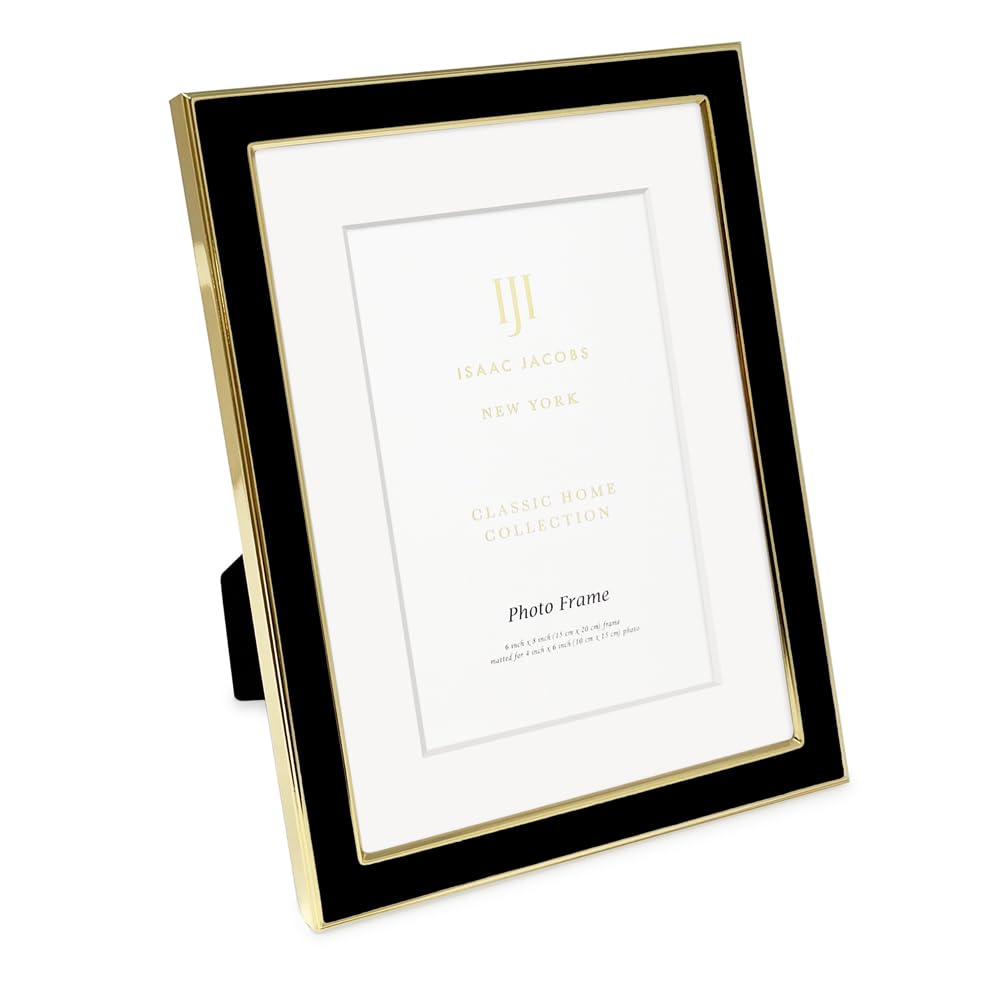 Isaac Jacobs Black Enamel Matte Picture Frame with Gold Metal Border and Easel, Wall Decoration, Photo Gallery, 6x8" (Mat 4x6"), Black with Gold