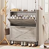 Maupvit Shoe Cabinet with 2 Flip Drawers, Freestanding Shoe Cabinet Organizer with Metal Legs, Shoes Storage Cabinet for Entryway, Narrow Shoe Rack Cabinet, Washed Gray