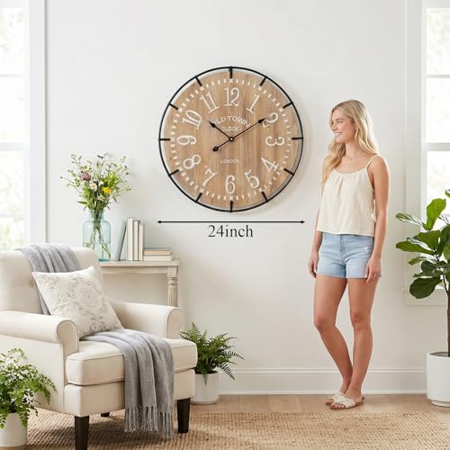 Image of EMAX HOME 24 Inch Large Farmhouse Wall Clock - Rustic Antique Wood, Silent Battery Operated Clock for Office Kitchen Bedroom Living Room
