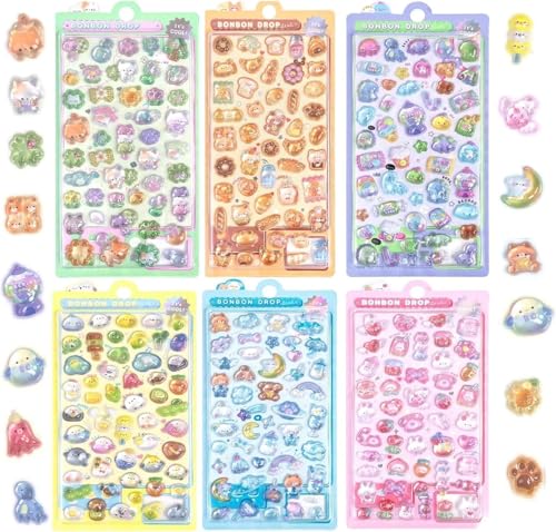 ステッカー 【6枚セット】ぷくぷく シール 立体 ごほうびシール 丸っこくて 可愛い デコシール キラキラな 女の子 貼り付け可能 手芸用品 携帯電話飾り/DIY/手帳用 贈り物向けのサムネイル