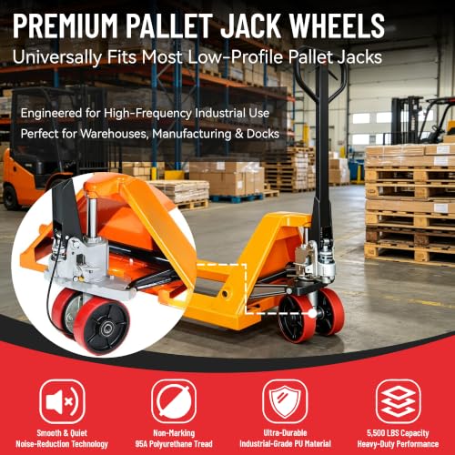 Image of Set of 2 Pallet Jack Steering Wheels (7 inch x 2 inch) Red Polyurethane on Steel Hub - Heavy Duty Replacement Parts with Pre-Installed Bearings, Axles & Fasteners - Fits Most Pallet Trucks