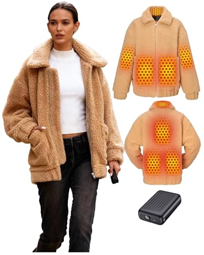 Topdot Graphene Sherpa Heated Jacket for Women with 18400mAh 12V Battery pack, Fleece Faux Jackets with 8 Heating Zones