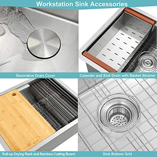 LQS Kitchen Sinks, Stainless Steel Sink, Stainless Steel Undermount Kitchen Sink 23\"x 19\", Workstation Ledge Kitchen Sinks, Undermount Small Bar and Prep Kitchen Sink, 16 Gauge Deep Single Sink Bowl - Thumbnail 4