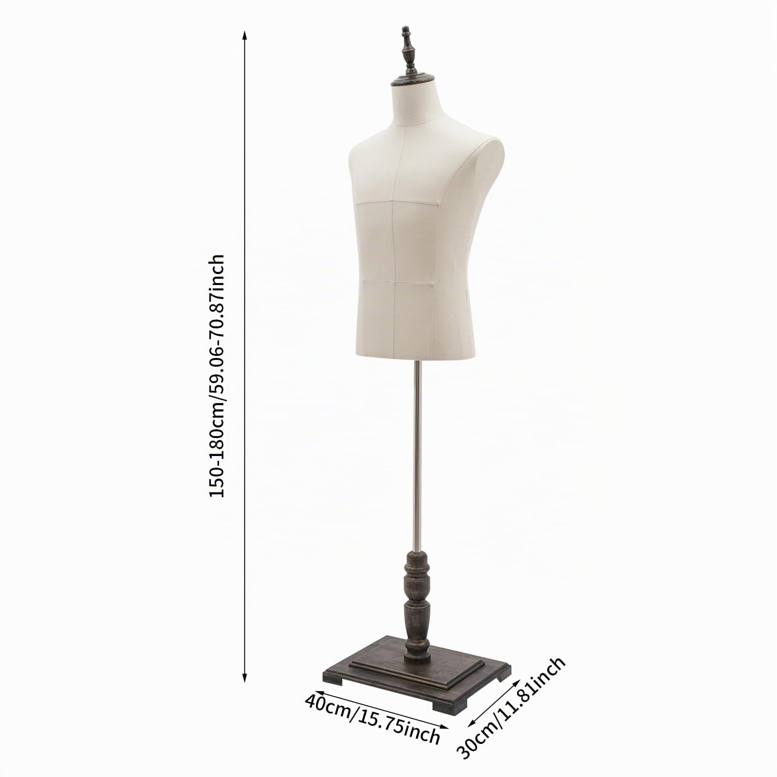 Manichino a forma di abito regolabile in altezza 150 – 180 cm, professionale, in lino spesso con base in legno, da uomo e da donna