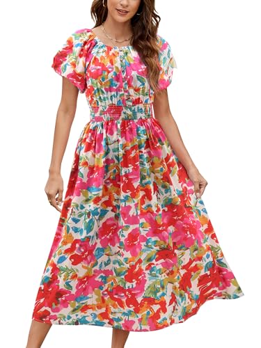 Gardenwed Women's Vintage Midi Dress, Puff Sleeve Smocked Waist Button Front A-Line Casual Summer Sundress with Pockets