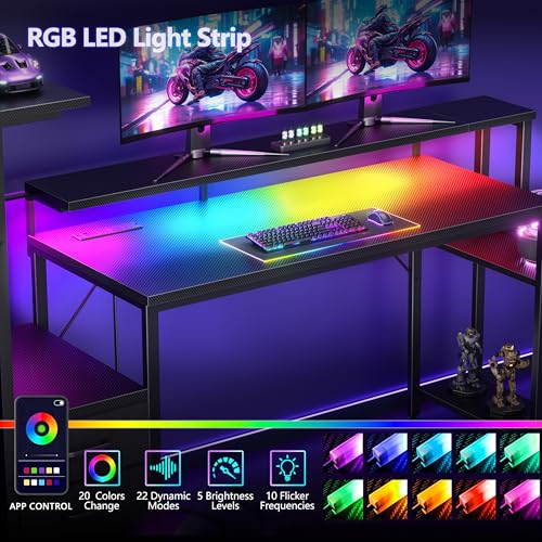 Image of Korfile 55 Inch Gaming Desk with Bluetooth LED Lights & Power Outlets,Computer Desk with Fabric Drawers & Hooks,Reversible Gamer Table with Monitor Stand for Game Room,Home Office,Carbon Fiber Black