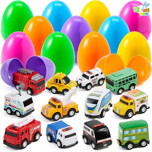 JOYIN Lot de 12 œufs de Pâques pré-remplis avec jouets - En plastique - Avec rétracteurs de voiture - Remplissage de panier de Pâques pour enfants -...