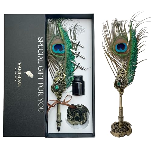 VANGOAL Peacock Feather Pen and Ink Set with Gift Box, Vintage Quill Pen for Writing,...