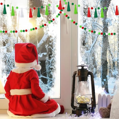 Image of MARFOREVER 4 Pack 26.3 Ft Christmas Pom Pom Garland Party Supplies Decor | Red Green White Christmas Felt Ball Garland, Xmas Tassel Garlands, Xmas Tree Holiday Home School Birthday Hanging Decoration