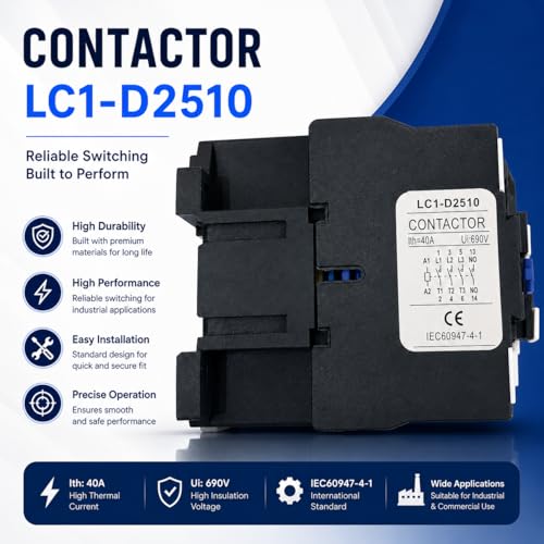 Image of SANAVYA 25A (2510) 220 /230VAC, 50Hz Coil, 1NO 1NC, 3 Pole Power Contactor Switch, Thermosetting Plastic DIN Rail Contactors for Electrical ON /Off