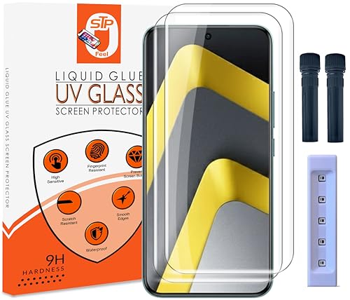 Image of STP FEEL Advanced UV Tempered Glass Screen Protector Guard Compatible For Poco M8 5G (6.77 Inch, Pack of 2) Full Adhesive UV Curved Case Friendly HD Clarity with easy installation kit for Smartphone