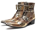 Santimon Men's Genuine Leather Cowboy Boots - Western Dress Boots with Metal Toe & Buckles | Mid-Calf Party, Rock & Motorcycle Boots Gold-A 10 US