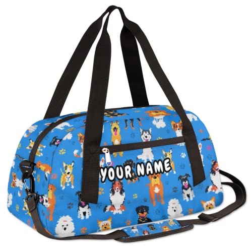 Cute Cartoon Dog Personalized Kids Duffel Bag for Girls Boys, Dog Debris Custom Name Dance Bag Overnight Small Duffel Bag Carry On Weekend Sports Travel Bag for School Practice Gymnastics Ballet3