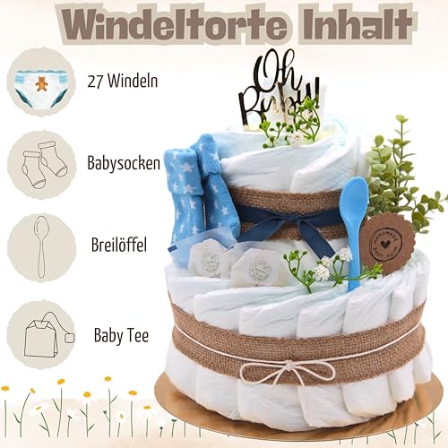 Trend Mama | Boho Windeltorte – 27 Windeln (Gr. 2), Babytee, Breilöffel, Babysocken – Jute-Look mit „Oh Baby“ Stecker –Handgemachtes Geschenk zur Geburt – Babyshower Geschenk Junge blau