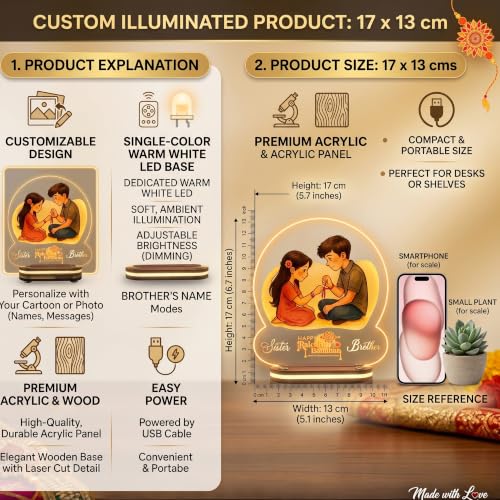 Image of lampees Personalised Raksha Bandhan LED Acrylic Lamp for Brother & Sister | Custom Name Rakhi Night Light with Brother Sister Picture | Customized Rakshabandhan Gift for Bhai Behan bro Sis