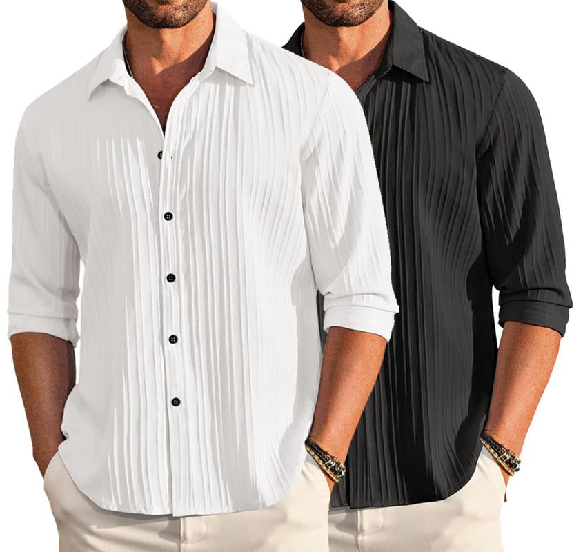 Image of DEELMO Combo of Men's Casual Button Down Shirts Long Sleeve Linen Shirt Fashion Textured Summer Shirts Pack of 2