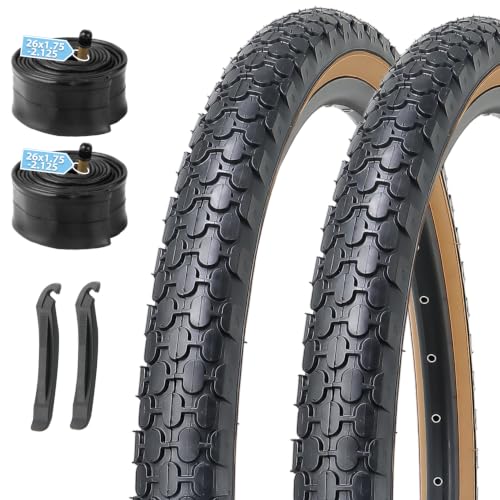 MOHEGIA 26 Inch Cruiser Bike Tires Replacement Set with 2 Pack 26x2.125 Inch Folding Bicycle Tires Tubes and Tire Levers for Beach Cruiser City Bikes/Brown Side Wall