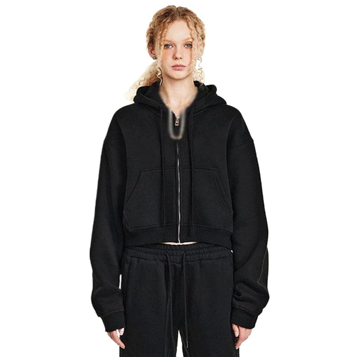Damska bluza z kapturem Cropzip z polarową podszewką, krótka kurtka z kapturem oversize