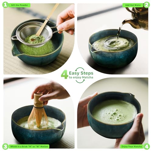 Qxeutm Matcha Set 7-teiliges Premium Matcha Tea Set mit Matcha Schale mit Ausgießer & Bambus-Chasen (100+ spitzen), Halter, Löffel, Sieb, Sacktuch, Komplettes ceremonial Matcha Starter Set (Blau)