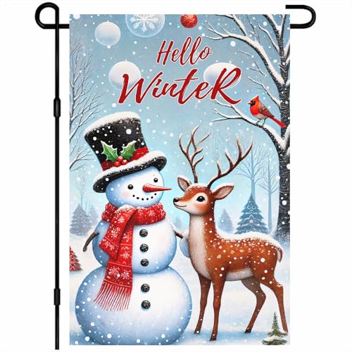 Image of BlissYard Garden Flag Snowman Deer Forest Winter 12x18 Inch Polyester