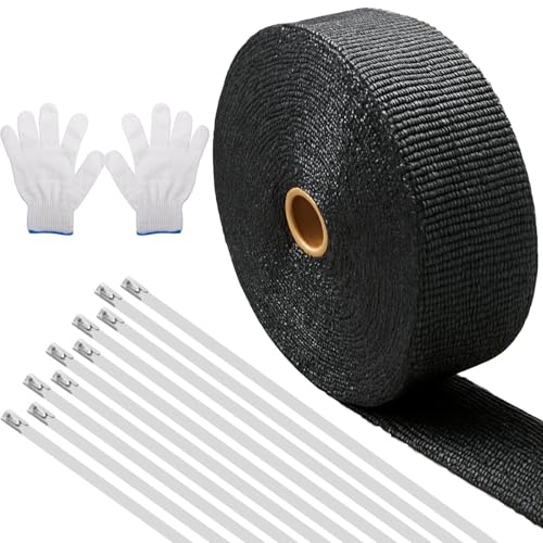 10M Hitzeschutzband Auspuff,Auspuff Dichtband mit 10Pcs Edelstahl Kabelbinder und Handschuhe,Krümmer Hitzeschutzband,Hitzeschutzband Auspuffbandage für Motorrad Auto Fächerkrümmer（Schwarz)