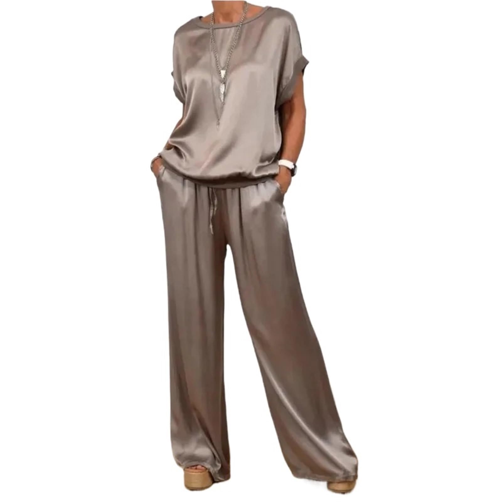 Traje de satén de talla grande for mujer, top negro con cuello en V, pantalones largos, trajes holgados, conjuntos de ropa informal de verano a la moda for mujer Para Playa y Verano(Black,XXL)