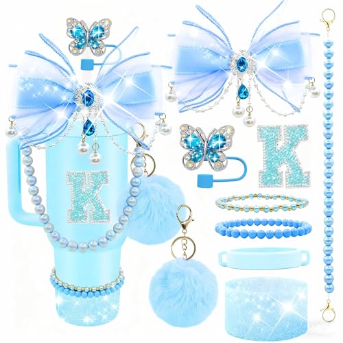 Letter Stickers Bling Accessories Set for Stanley 40/30/20 oz Tumbler: Bow Straw Topper Charms Butterfly Cap Pearl Strap Silicone Boot Accessories for Stanley Quencher H2.0 (K Blue Slate)