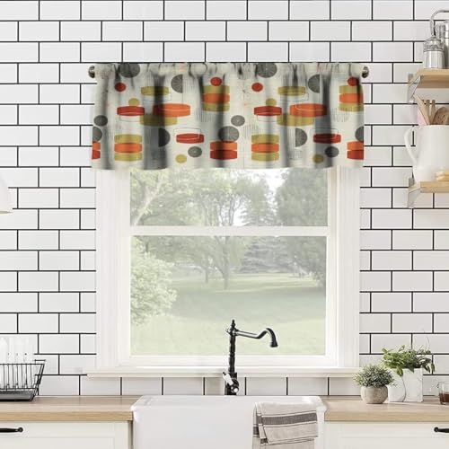 Image of Retro Abstract Geometric Kitchen Valance Curtain, Vintage Shapes Stars Mid Century Boho Retro Linen Window Treatment Valances for Kitchen Living Room Cafe Decor 54'x18', 1 Panel