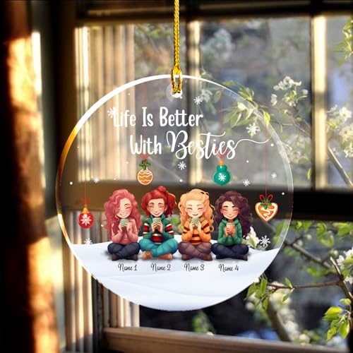 Life Better with Besties Clear Plastic Ornaments, Christmas Decorations Personalized Name Four Girls Wear Sweater with Chocolate Cup Acrylic Ornaments, Gifts for Sister Friends Bestie Siblings4