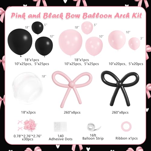 Image of Pearl Pink and Black Balloons Arch Kit, 199Pcs Pink and Black Bow Birthday Decorations with 260 Bubble Pearl Pink Balloons Ribbon for Coquette Bow Theme Birthday Baby Bridal Shower Bachelor Wedding
