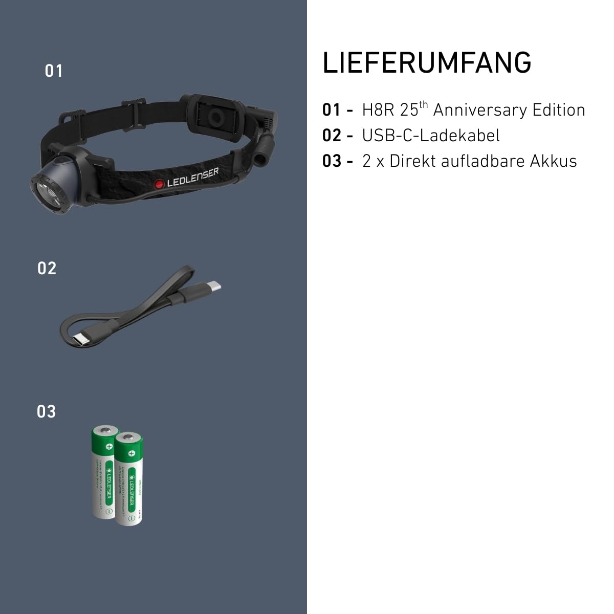 Ledlenser H8R Akku-LED-Stirnlampe, 600lm, 25th Anniversary Edition, IP54 | Inklusive Zusatzakku – doppelte Leuchtdauer, 150m Leuchtweite, USB-C, rotes Sicherheitslicht auf der Rückseite, 158g, Arbeit