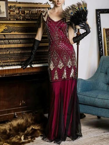 Image of 869A - Plus Size 1920s Vintage Fringed Gatsby Sequin Dimand Tassels Flapper Party Cocktail Dress with Accessories