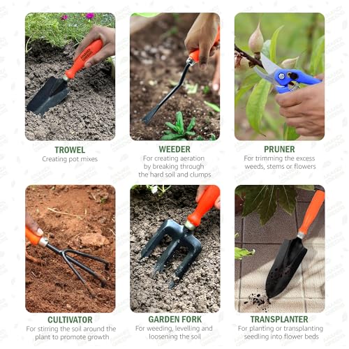 Image of Anandi Green's Metal Agriculture Gardening Tools Kit - 8 Pcs (Cultivator, Fork, Big and Small Trowels, Weeder, Gloves, Pruner Cutter with Tools Bag) Tools Set for Home Indoor and Outdoor Gardening