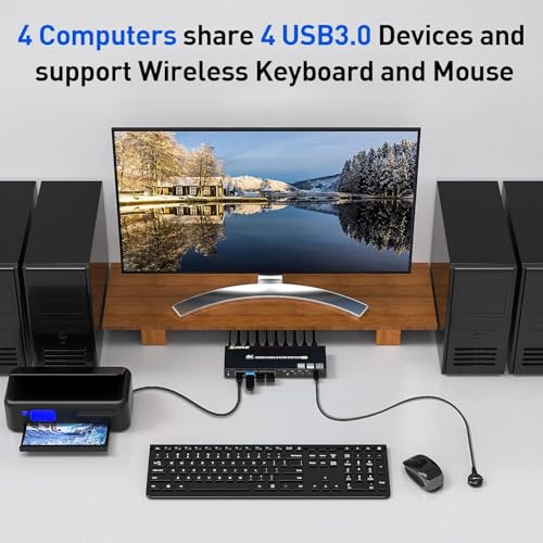 Image of HDMI KVM Switch 4 Ports with Audio, KCEVE 4K@60Hz USB 3.0 4 PC KVM Switcher with EDID Emulator for 4 Computers Share Mouse Keyboard and Monitor