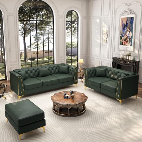 Image of KEIKI 2-Piece Chesterfield Sofa Set with Handmade Button Tufted, Green | 5-Seater Couch Set with 1 Faux Leather 3-Seater Sofa & 1 Loveseat & 1 Ottoman & 5 Pillow, Easy Assembly, for Living Room
