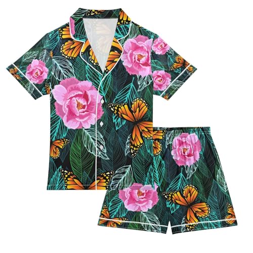 senya Flowers and Butterflies Satin Summer Pajama Sets Silk Short Sleeve Button Down Sleepwear
